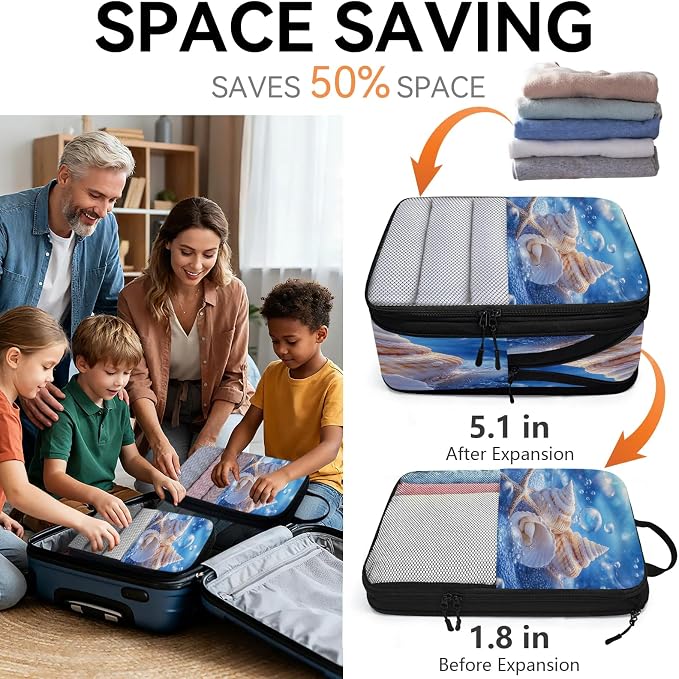 Seashell Compressible Packing Cubes for Suitcase 6 Set Lightweight Expandable Compression Packing Travel Luggage Organizer - Image 6