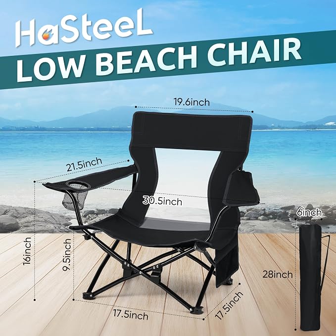 HaSteeL Folding Beach Chair, Foldable Black Camping Chairs for Outside, Low Beach Chair Portable for Adults Fishing, Picnic, Outdoor BBQ, Travel, Sports, Cup Holder & Storage Bag - Image 2