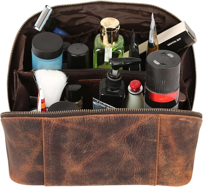 KomalC Luxury Leather Men’s Toiletry Travel Bag – Handmade Shaving Kit with Waterproof Interior, Spacious Storage & Carry Handle – leather travel Kit Bag for Men & Women (Dark Brown) - Image 5