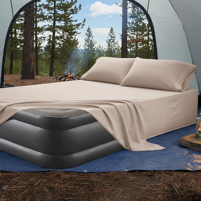 Mocassi 4-Piece Extra Deep Pocket 16-24 Inch Air Mattress Bed Sheet Set- 4PC Sheet Set with Smart Pockets Ideal for Air Beds, RVs, Camping and Guest Rooms Premium Hotel Quality, Queen, Cream - Image 4