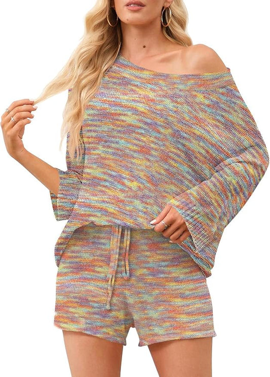 Ermonn Womens 2 Piece Outfits Sweater Sets Off Shoulder Knit Tops Waist Short Suits Casual Pajama Set by Ermonn