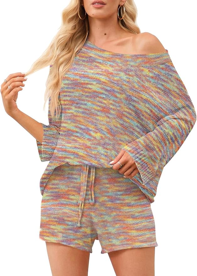 Ermonn Womens 2 Piece Outfits Sweater Sets Off Shoulder Knit Tops Waist Short Suits Casual Pajama Set by Ermonn