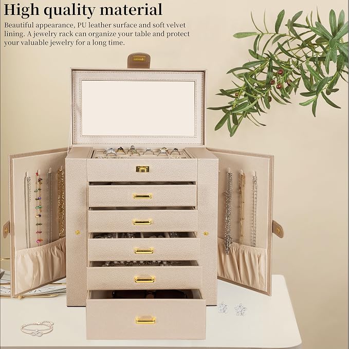 AKOZLIN 6-Tier Jewelry Box Organizer Functional 5 Drawers Leather Jewelry Storage Case for Women Girls Ring Necklace Earring Bracelet Holder Organizer with Mirror Extra Large Champagne - Image 6