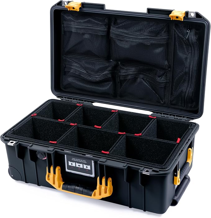 Black Pelican Air 1535 Carry-on Case - with TrekPak Divider System & Mesh Lid Organizer - Yellow Handles & Latches. by ColorCase