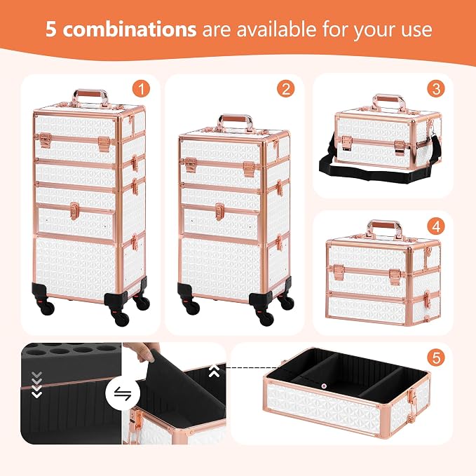 Makeup Train Case with Drawer, Rolling Makeup Case, Cosmetology Case on Wheels, Gift, Large Makeup Case Organizers, Professional for Salon Barber, Nail, Tattoo, White Gold - Image 2