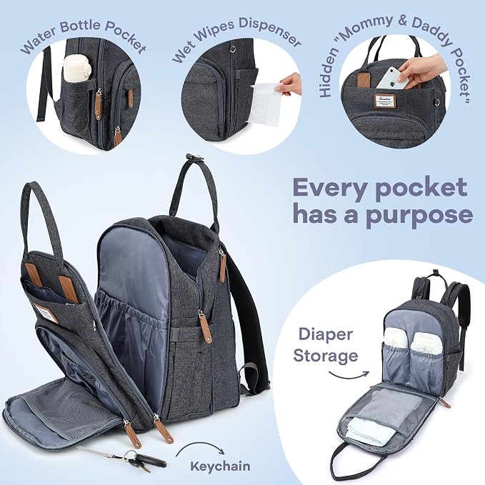 RUVALINO Diaper Bag Backpack-Expandable Baby Bag with up to 50% Capacity -Baby Essentials Bag with Changing Pad Insulated Bottle Holders & Pacifier Case, Waterproof, Dark Gray XL - Image 3