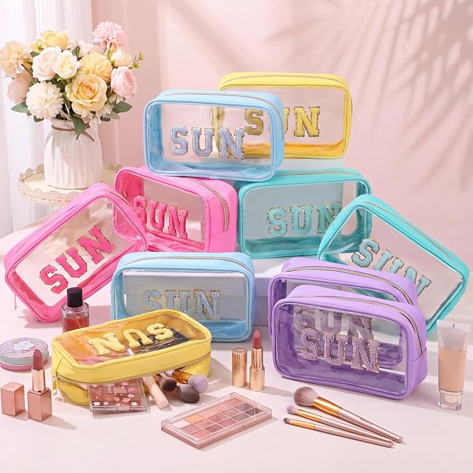 Kacctyen 10 Pcs Sun Clear Makeup Bags with Zipper in 5 Assorted Colors, Chenille Letter Sunscreen Bags Bulk, Clear Waterproof Cosmetic Bag for Women Beach Pool Trip & Summer Birthday Party Favors - Image 6