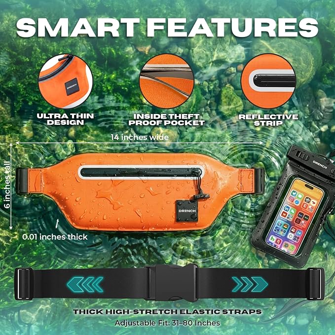 Drench Waterproof Fanny Pack & Waterproof Phone Pouch Set | IPX8 Submersible Waist Pack Dry Bag for Fishing, Hiking, Camping, Kayaking, Paddle Boarding & Water Sports | Orange - Image 7