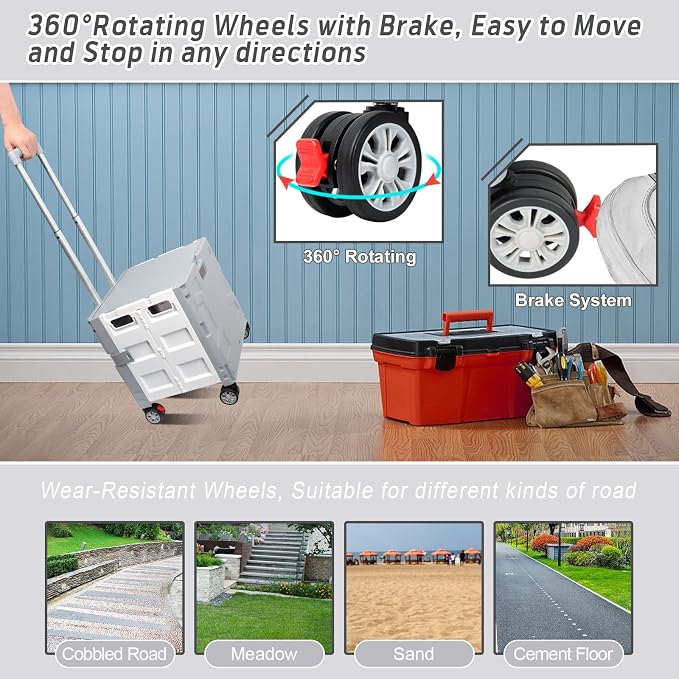 FELICON Folding Utility Cart Rolling Crate Handcart Basket Tote-Gray+White | Collapsible Hidden Lid,Plastic Box,Telescoping Handle,4 Rotate Wheels for Travel Shop Move Grocery Laundry Office Teacher Use - Image 5