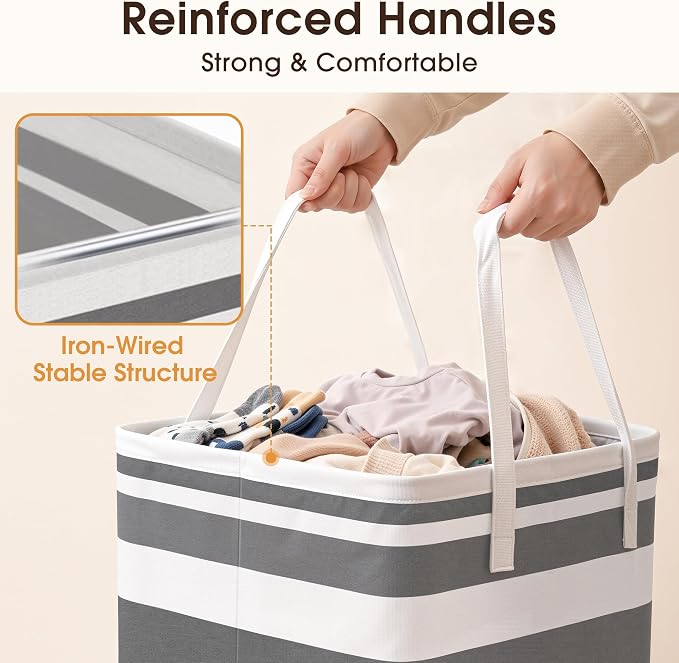 HomeHacks 2 Pack Large Laundry Baskets, Waterproof, Freestanding Laundry Hampers, Collapsible Clothes Hamper with Reinforced Handles in Laundry Room, College Dorm, Bathroom, Bedroom (Grey, 75Lx2) - Image 2