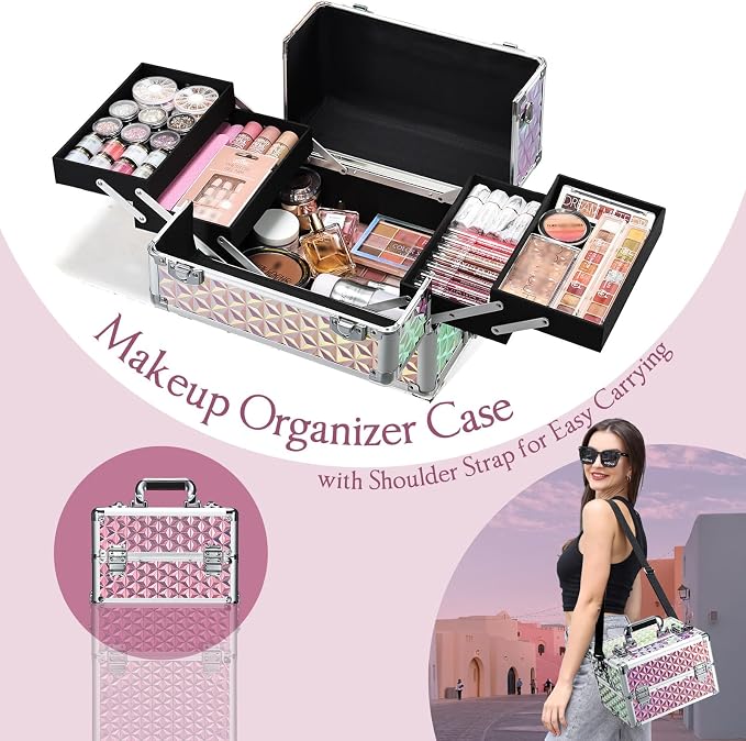 Rolling Makeup Train Case, 3-in-1 Makeup Trolley, Cosmetology Case on Wheels, Travel Makeup Organizer Case for Salon Barber Cosmetology Students, Nail Technicians, Hairstylists, and MUAs, Shiny Pink - Image 4