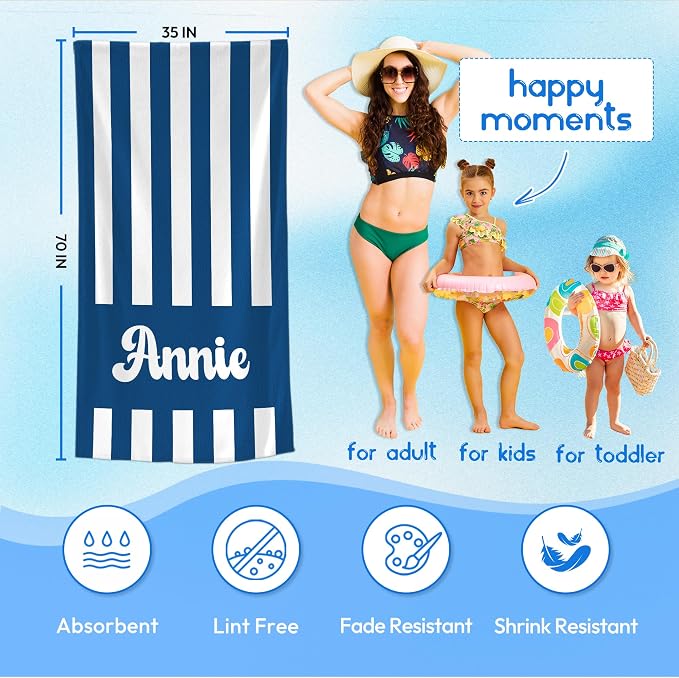 JML Personalized Beach Towel with Name, Custom Cabana Stripe Beach Towel, Customized Microfiber Pool Towel, Quick Dry & Absorbent Swim Towel for Adult,Mother's Day, Birthday, Summer Holiday,Vacation - Image 3