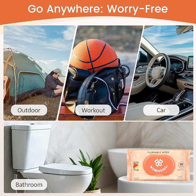 WONDERFUL Flushable Wipes, Lemon Citrus 100% Plant-Based Wet Butt Wipe for Adults & Kids, Sewer Septic Safe, Gentle for Sensitive Skin, Wipes Flushable Pack for Bathroom & Travel, 6-Pack (360 Counts)