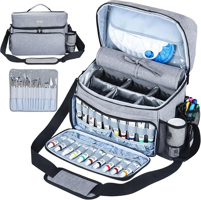 Acrylic Paint and Brush Set Organizer Bag - Carrying Case Compatible with Apple Barrel, Shuttle Art, Caliart Art Supplies - Includes Detachable Paint Brush Holder - for Travel/Outdoor Sketching (Gray) by SOLDWELLALLOVERTHEWORLD