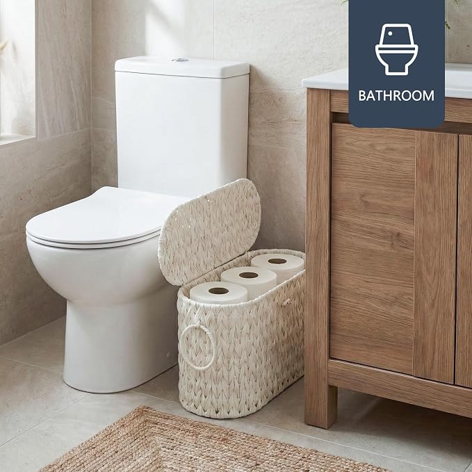 Coeusy Toilet Paper Basket,Wicker Toilet Paper Storage with Lid,Decorative Boho Wicker Basket for Bathroom,Free Standing-Cream White - Image 2