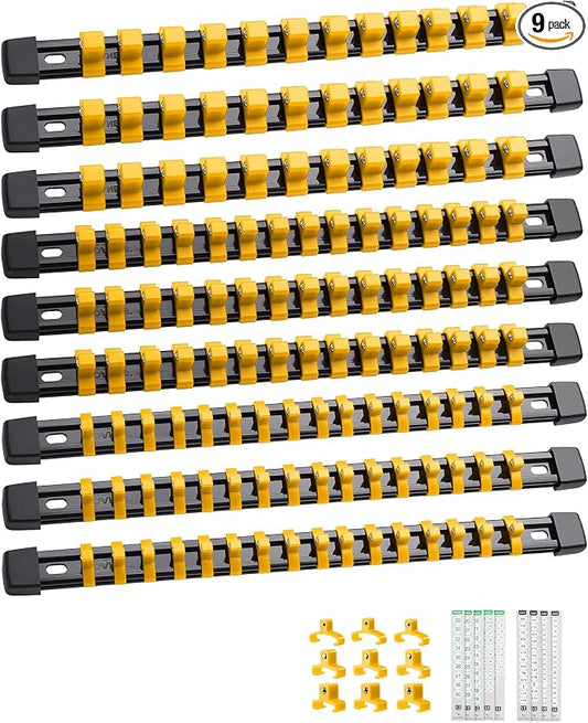 ALOANES 9PC Socket Organizer, Socket Rails Fit 1/2", 1/4" and 3/8" Drive | Heavy Duty ABS Socket Holders Hold up 129 Sockets for Toolbox Drawer Bags(Yellow) by Aloanes