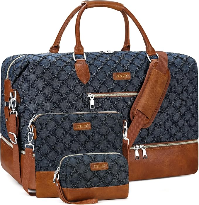 ITIEZY Weekender Overnight Bag for Women - Large Travel Duffel Bag with Shoe Compartment, Gym Duffel Bag Hospital Bag Carry On Tote Bags for Airplanes with Crossbody Bag Toiletry Bag 3Pcs Set by ITIEZY