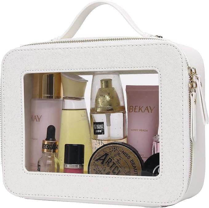Pinkmik Clear Makeup Bag for Women Waterproof Travel Cosmetics and Toiletries Case Portable Makeup Oaganizer Bag Clear Car Bag with Zipper (White, L) by Pinkmik