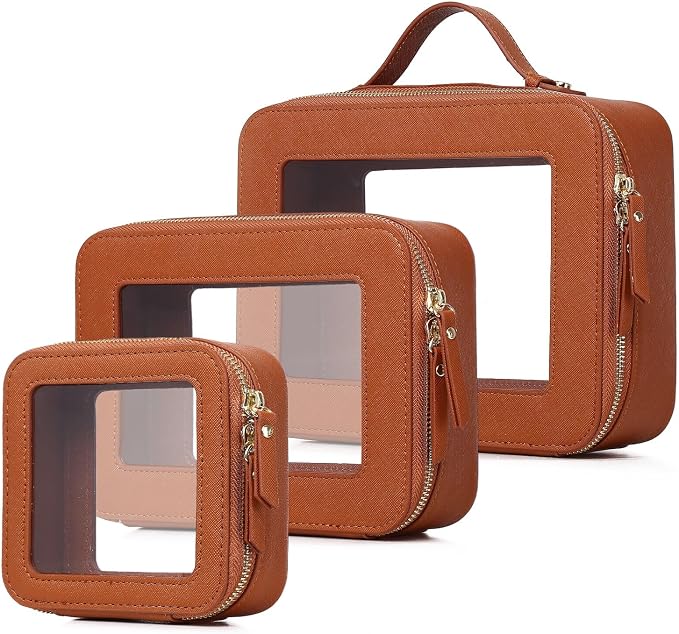 Pinkmik Clear Makeup Bag Waterproof Travel Case for Cosmetics and Toiletries Women's Purse Organizer and Clear Car Bag with Zipper (X/Brown, L+M+MINI) by Pinkmik