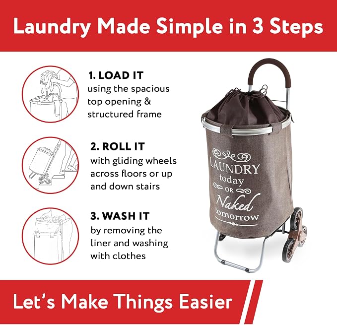 dbest products Stair Climber Laundry Trolley Dolly, Brown Laundry Bag Hamper Basket cart with wheels sorter - Image 6