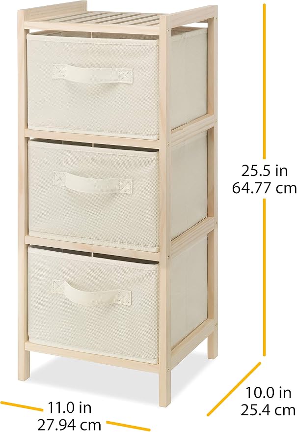 Whitmor 3 Drawer Wood Chest Organizer, Natural Pine Storage with Pull Out Fabric Bins, Easy Assembly, Compact Design for Bedroom Closet Nursery, 11.0"L x 10.0"W x 25.5"H - Image 3