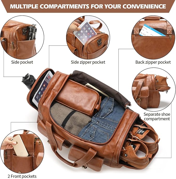 Zeroway PU Leather Travel Duffel Bag with Toiletry Dopp Kit and Laundry Bag, Weekender Overnight bag Luggage Carry-On Bag with Shoe Pouch for Men or Women Brown - Image 2