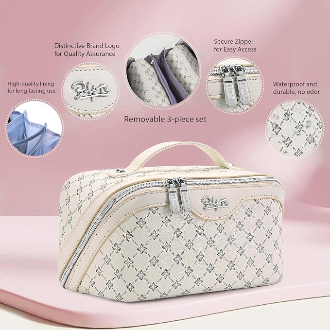 BOYATU Travel Makeup Bag Cosmetic Bags for Women: 3 Pcs Set Large Capacity Make up Bag with Handle - Vegan Leather Toiletry Bags with Compartments - Makeup Organizer for Travel Essentials(A-8-White) - Image 2