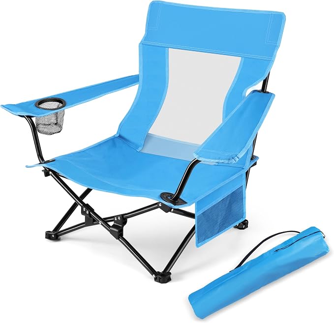 HaSteeL Folding Beach Chair, Foldable Blue Camping Chairs for Outside, Low Beach Chair Portable for Adults Fishing, Picnic, Outdoor BBQ, Travel, Sports, Cup Holder & Storage Bag by HaSteeL