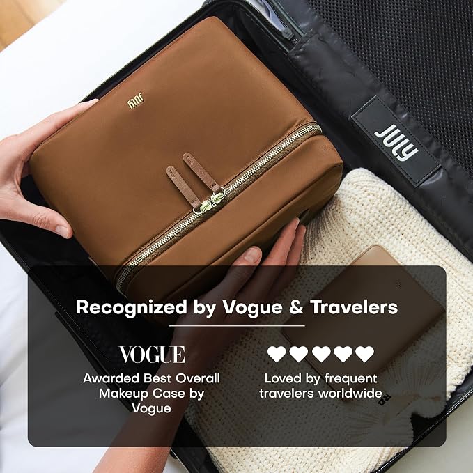 July Vanity Cosmetic Case - Stylish Travel Makeup Bag for Women with Removable Wet Pouch, Upright Bottle Design, Clear Top Pocket, Leather Handle, Travel Essentials, Toiletry Organizer - Light Brown - Image 5