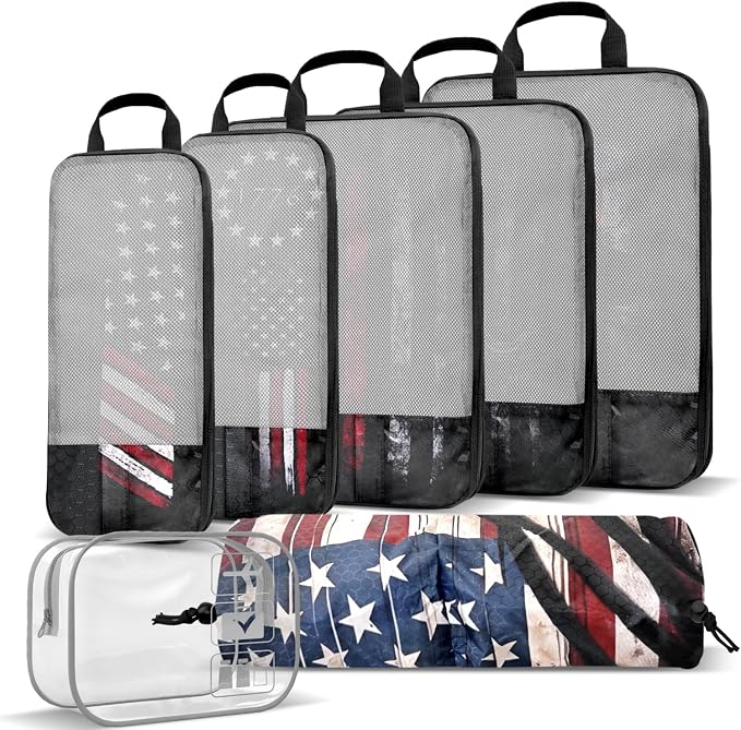 National flag Compression Packing Cubes Set (7 Piece) - 1776 flag | Patriotic Flag Design Travel Organizer Bags, Essential for Clothes, Shoes, Cosmetics & Toiletries, Black - Image 2