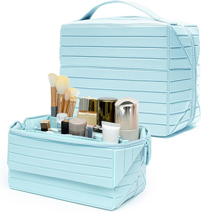 Minoisome Travel Makeup Bag,PU leather toiletry bag,make up organizer case for women,Large Capacity Cosmetic Bag,Wide-open Pouch Purse，Toiletries Accessories，Fold-Down Design and Adjustable Dividers. by Unknown