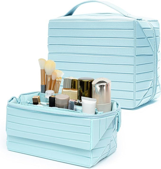 Minoisome Travel Makeup Bag,PU leather toiletry bag,make up organizer case for women,Large Capacity Cosmetic Bag,Wide-open Pouch Purse，Toiletries Accessories，Fold-Down Design and Adjustable Dividers. by Unknown