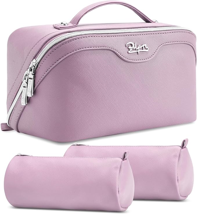 BOYATU Travel Makeup Bag Organizer Cosmetic Bag: 3 Pcs Set Make up Bags for Women with Handle - Waterproof Vegan Leather Toiletry Bags Travel Essentials Pouch with Compartments (C-06-Purple) by BOYATU
