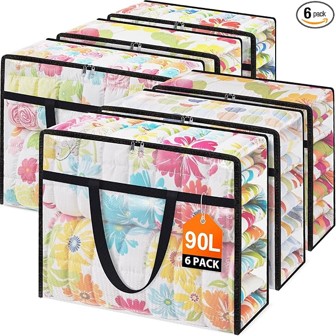 Clear Under Bed Storage Containers - 6 Pack Large Capacity Clothes Storage Bags with Lid & Sturdy Handles, Foldable Moving Bags, Clothing Organizer Totes for Bedding, Comforter, Sheet（90 L） by Unknown