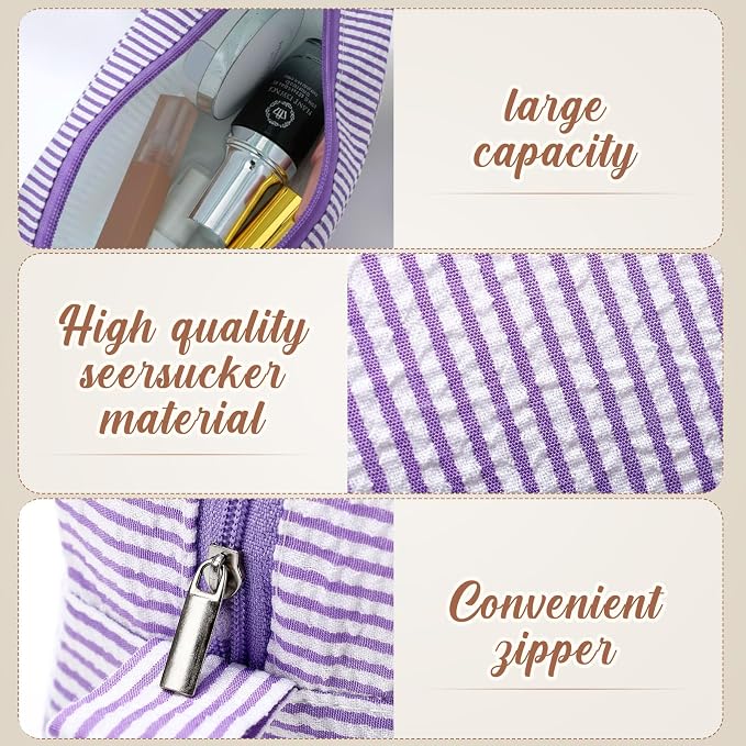Sanwuta 6 Seersucker Cosmetic Bag Bulk Striped Makeup Bag for Women Aesthetic Cute Travel Toiletry Organizer Preppy Storage Pouch for Wedding Bridesmaid Mother's Day Teacher Gift (Large,Classic) - Image 3