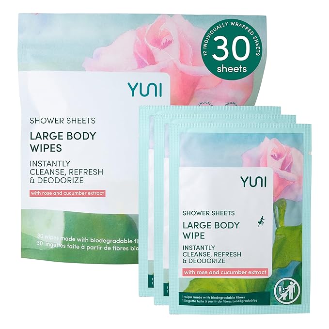 YUNI Beauty Large Body Wipes - Rose Cucumber, 30 Count - Moist Showerless Wipes, Cleanse & Deodorize, On-the-Go Waterless Body Cleanser, Individually Wrapped for Camping, Travel & Gym