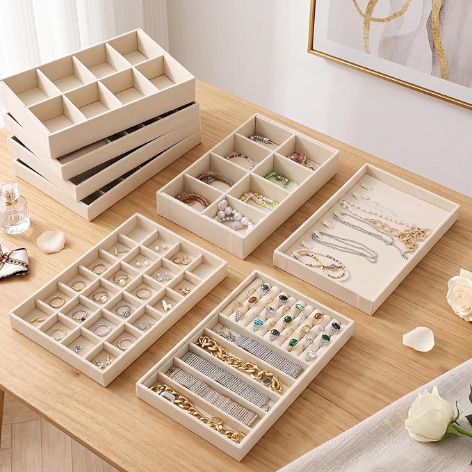 Tondiamo 8 Pcs Velvet Jewelry Drawer Organizer Trays Bulk 11.02 x 7.09 x 1.22 Inch Beige Stackable Jewelry Storage Inserts Set Tray Set with Removable Divider for Earrings Necklaces Bracelets - Image 6