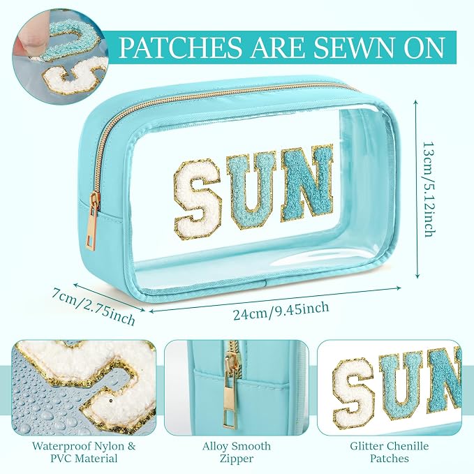 Kacctyen 10 Pcs Sun Clear Makeup Bags with Zipper in 5 Assorted Colors, Chenille Letter Sunscreen Bags Bulk, Clear Waterproof Cosmetic Bag for Women Beach Pool Trip & Summer Birthday Party Favors - Image 2