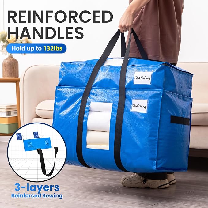 TAILI 2 Tier Extra Large Moving Bags, 4 Pack Blue Heavy Duty Totes For Storage with Visible Window, Wrap Around Handles, Storage Bags for Space Saving, Alternative to Moving Boxes - Image 4