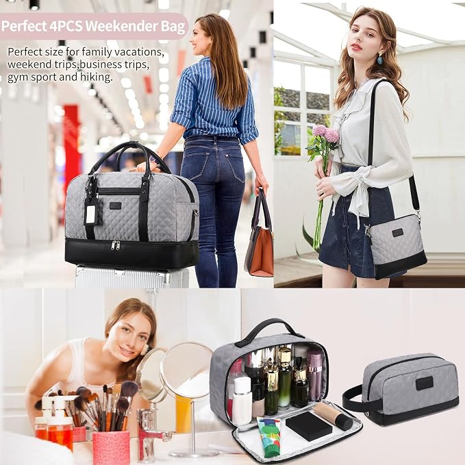 Wogarl 4PCS Weekender Bags for Women Large Overnight Weekend Travel Duffel Carry on Shoulder with Shoe Compartment Canvas Toiletry Bag for Travel Business Gym - Image 2