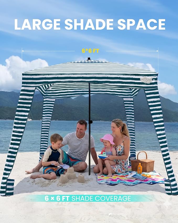 Qipi Beach Cabanas for Sand, Beach Canopy with Sandbags & Side Wall for Family, Easy Set Up Sun Shelter, UPF 50+ UV Protection with Roof Vent - Image 9