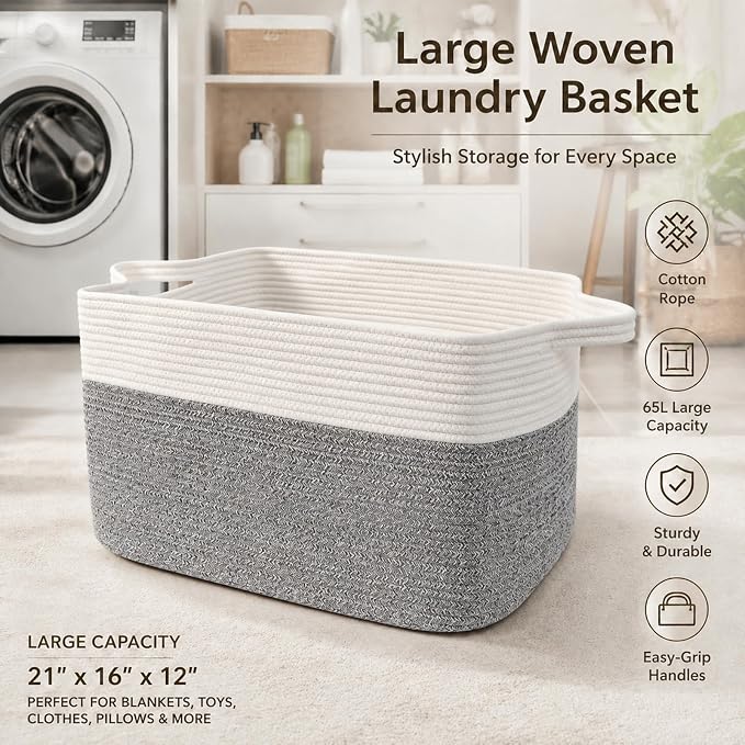65L Collapsible Woven Rope Laundry Basket with Handles,White/Grey | 21x16x12 Foldable Rectangular Blanket Basket for Toys, Clothes & Pillows,Ideal for Nursery, Bathroom, Bedroom, Living Room - Image 5