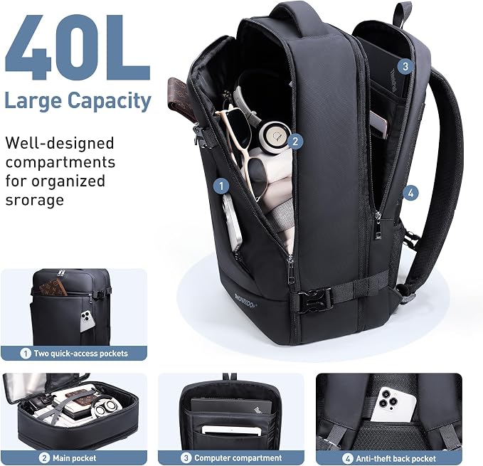 SHOWKOO Laptop Backpack for 17 Inch Laptop, 40L Expandable Large Capacity Backpack, TSA Carry On Travel Backpack with Padded Laptop Compartment, Water-Resistant College & Commuter Bag, Black - Image 3