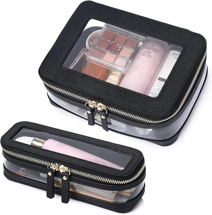 Pinkmik Clear Makeup Bag with Brush Case Travel Toiletry Bag Waterproof Cosmetic Organizer Car Essentials for Women (Black, M+SLIM-1) by Pinkmik