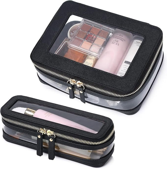 Pinkmik Clear Makeup Bag with Brush Case Travel Toiletry Bag Waterproof Cosmetic Organizer Car Essentials for Women (Black, M+SLIM-1) by Pinkmik