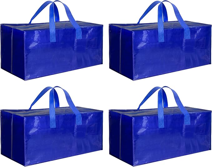 HealSmart 4 Pack Extra Large Moving Bags with Zippers & Carrying Handles, Heavy-Duty Storage Tote Moving Boxes for Dorm Room Essentials Storage Bags, Blue by HealSmart