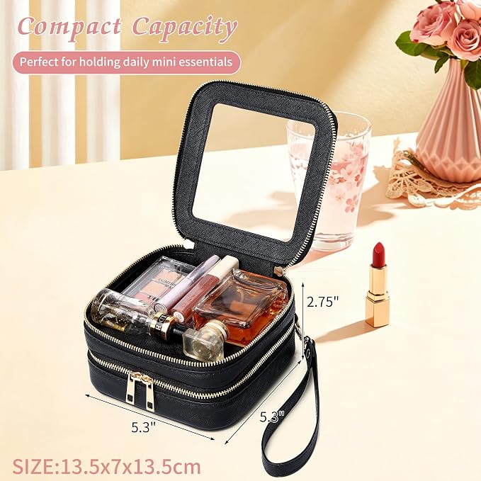 Pinkmik Double Layer Makeup Bag Small Clear Makeup Pouch Mini Travel Cosmetic & Toiletry Bag Purse Organizer and Car Essentials for Women (Black, 2-Layer MINI) - Image 4