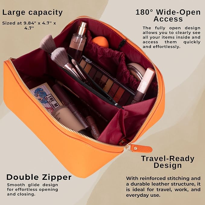 VENOULT Makeup Bag, Spacious Cosmetic Case for Women, Portable 180° Wide-Open Flat Cosmetic Bag, Travel Toiletry Organizer with Handle, Hanmdade, Full Grain Genuine Turkish Leather (Mango) - Image 2