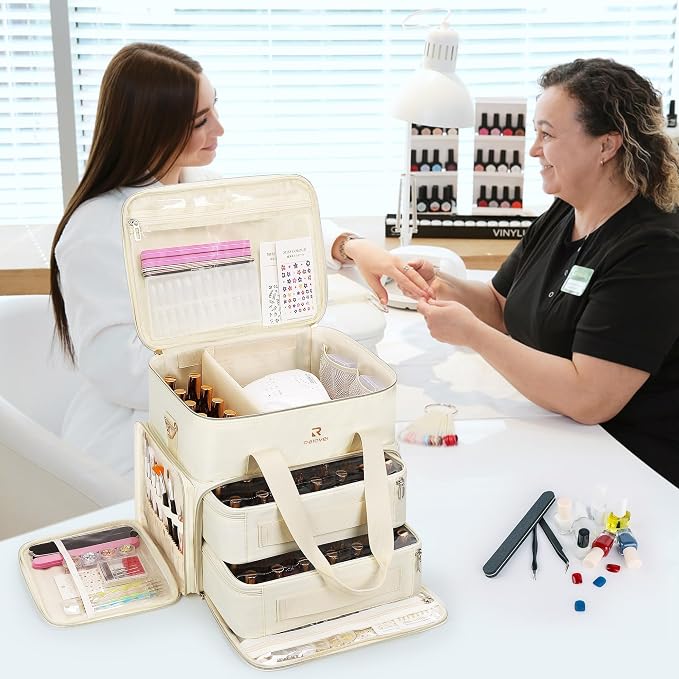 Relavel Nail Polish Organizer, Nail Bag Holds 80 to 100+ Bottles (15ml/0.5fl.oz) Nail Lamp, Nail Supplies Kit Gels Polish Storage Case with 2 Removable Pouches for Manicure Nail Tech Gifts (Beige) - Image 2