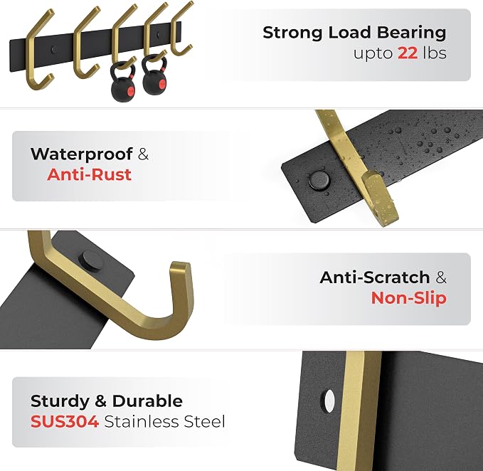 Coat Rack Wall Mount – Black and Gold Hook Rail with 5 Double Coat Hooks, 15 Inch Stainless Steel Wall Hooks for Entryway, Bathroom, Bedroom, Closet, Towel, Hat, Bag, Heavy Duty Organizer - Image 3